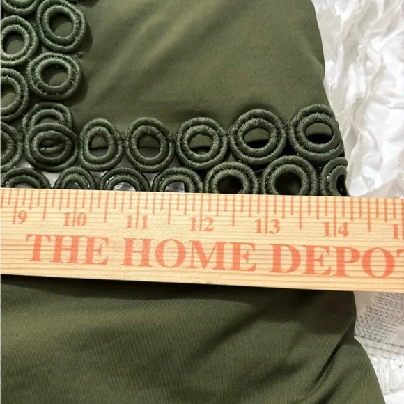 BECCA Siren Olive Green One Piece Swimsuit. Cute Circular Cutouts, Tie Back. - Picture 14 of 16